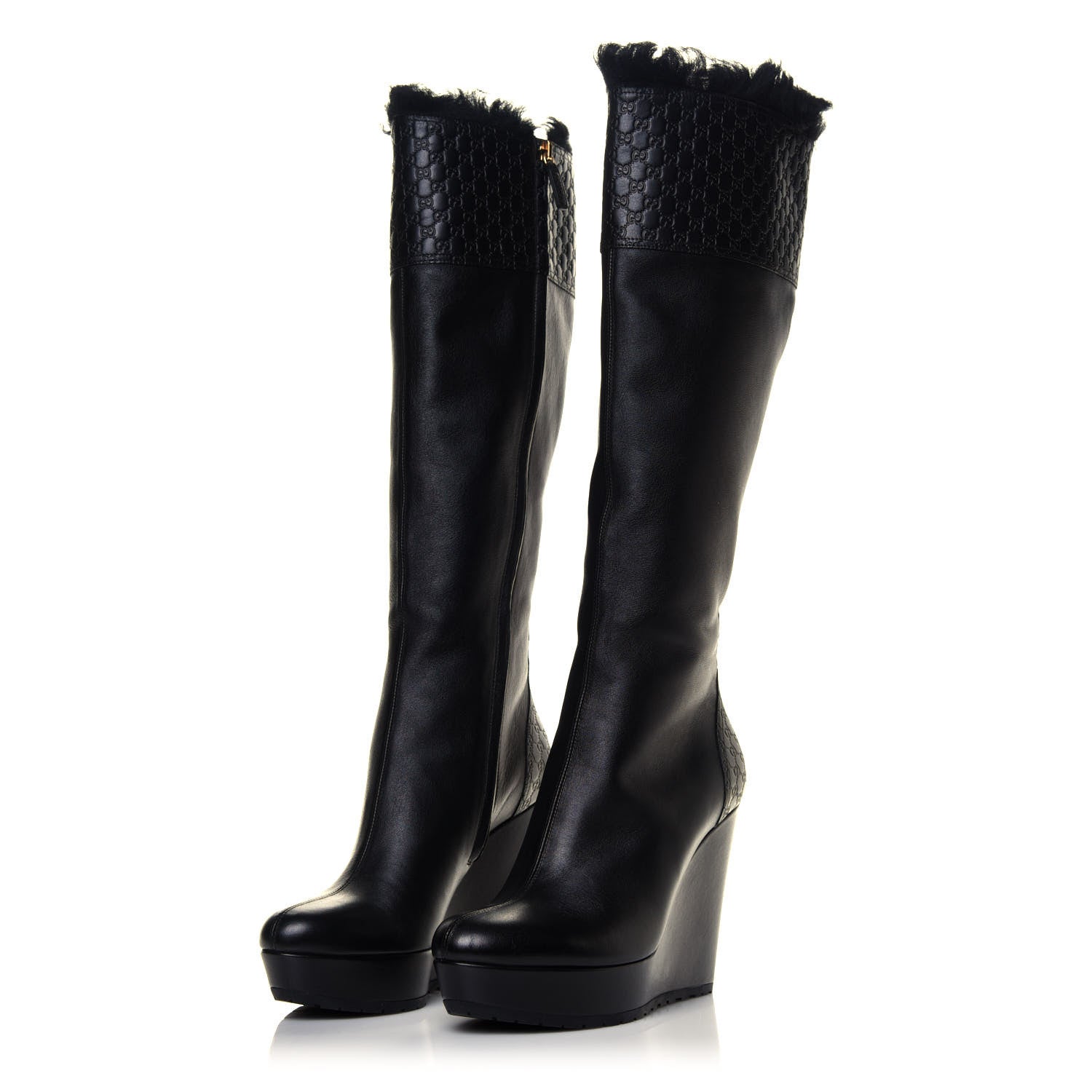 Gucci Microguccissima Shearling High Wedge Boots 37.5 Black 2 of 6