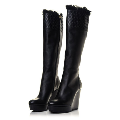Gucci Microguccissima Shearling High Wedge Boots 37.5 Black 2 of 6