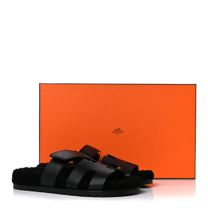 Hermes Calfskin Woolskin Womens Chypre Sandals 38.5 Black 11 of 11