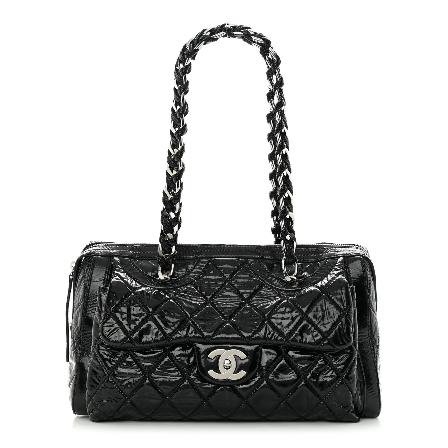 Patent Quilted Day Glo Flap Bag Black