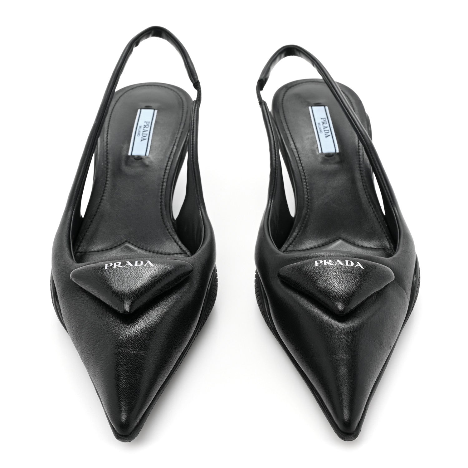 Prada Spazzolato Triangle Logo Pointed Toe 45mm Slingback Pumps 38 Black 2 of 9
