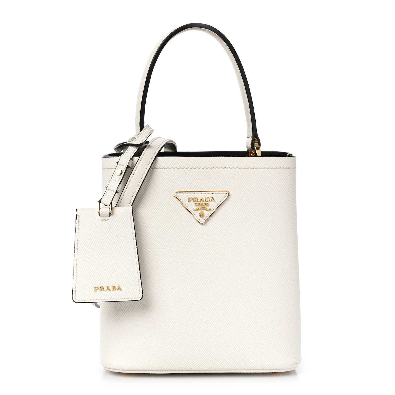 Prada Saffiano Cuir Calfskin Small Panier Bucket Bag White Black 1 of 9