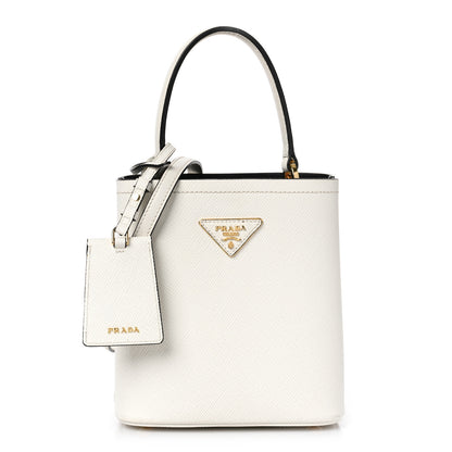 Prada Saffiano Cuir Calfskin Small Panier Bucket Bag White Black 1 of 9