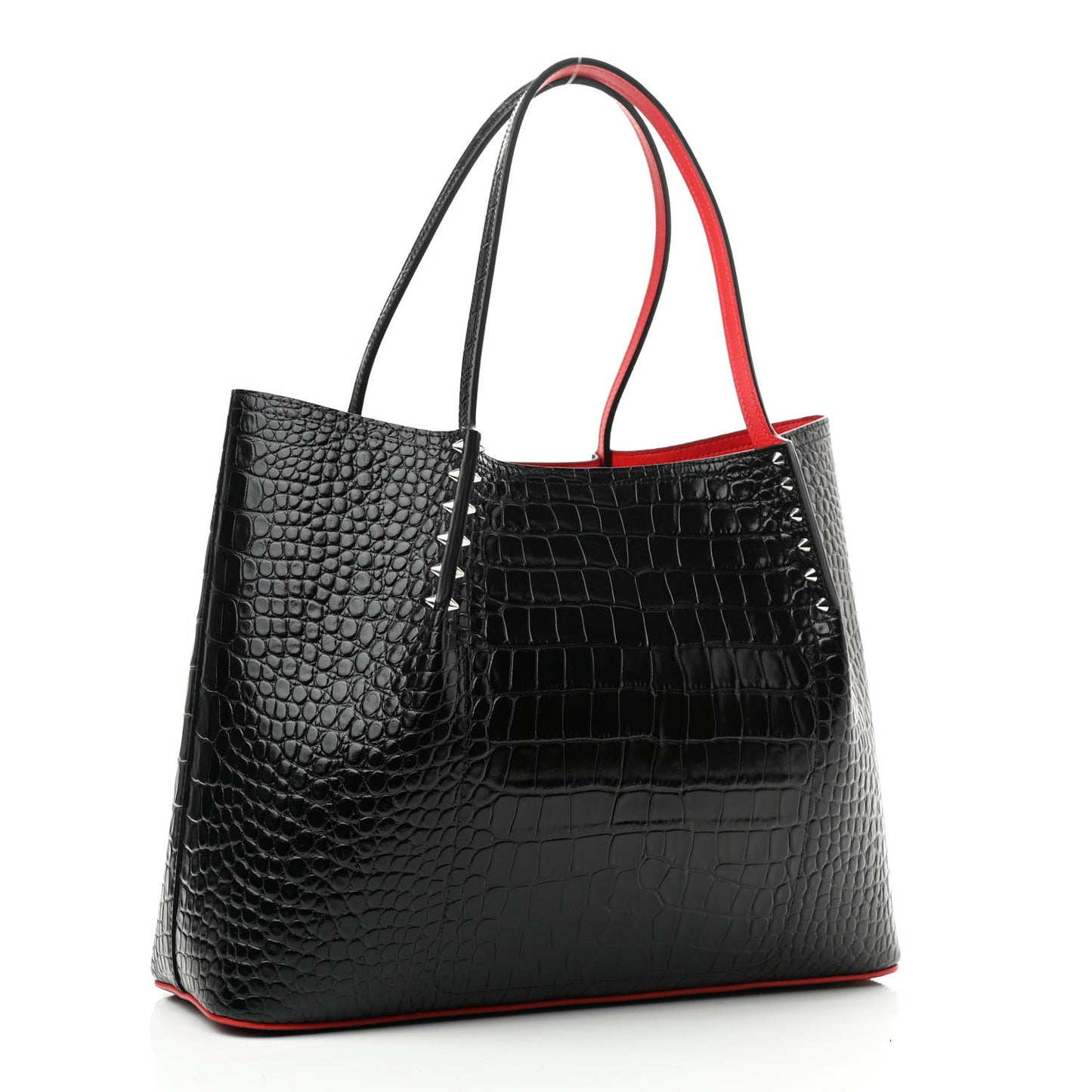 Crocodile Embossed Calfskin Spiked Cabarock Shopper Tote Black