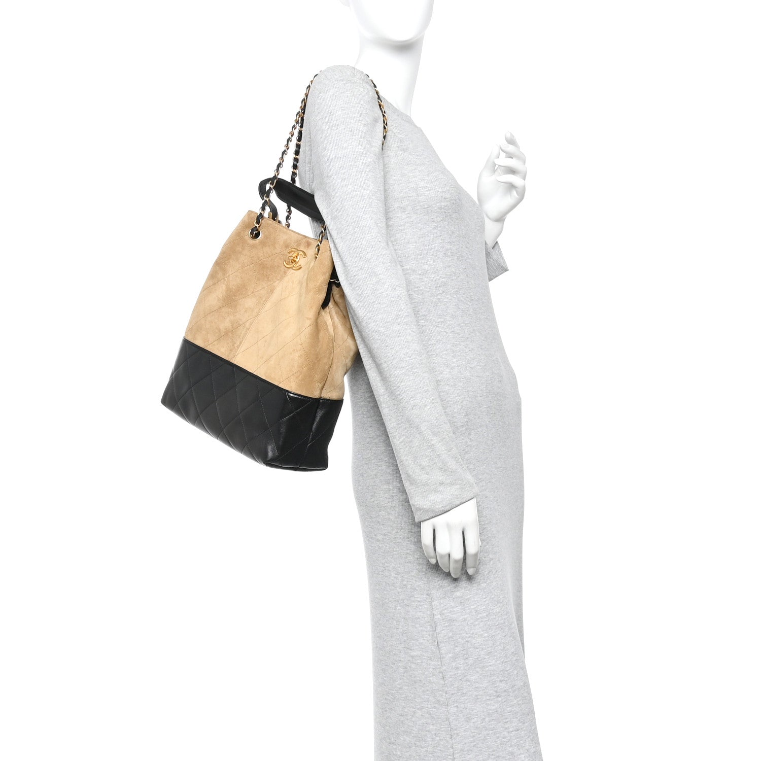Chanel Suede Calfskin Shiny Lambskin Quilted Coco Base Shopping Bag Beige Black 2 of 11