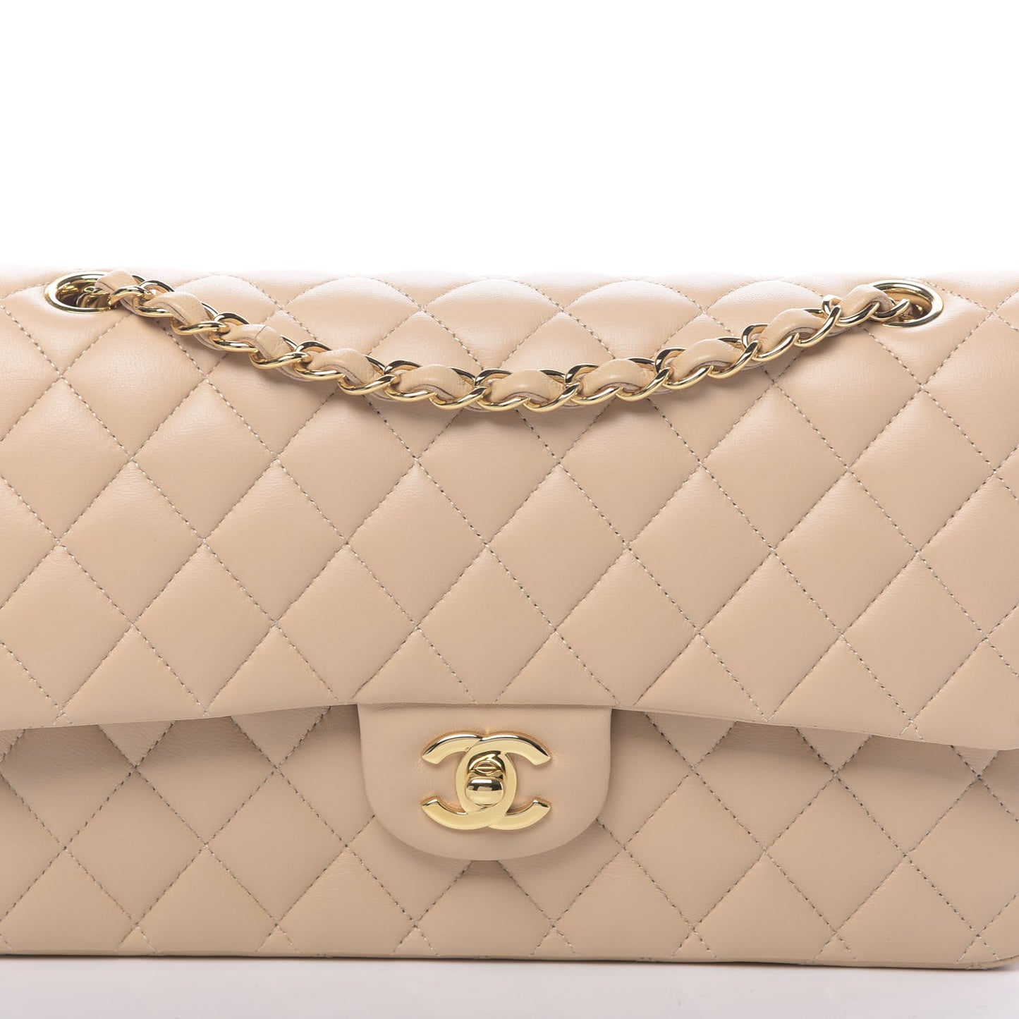 Lambskin Quilted Medium Double Flap Beige
