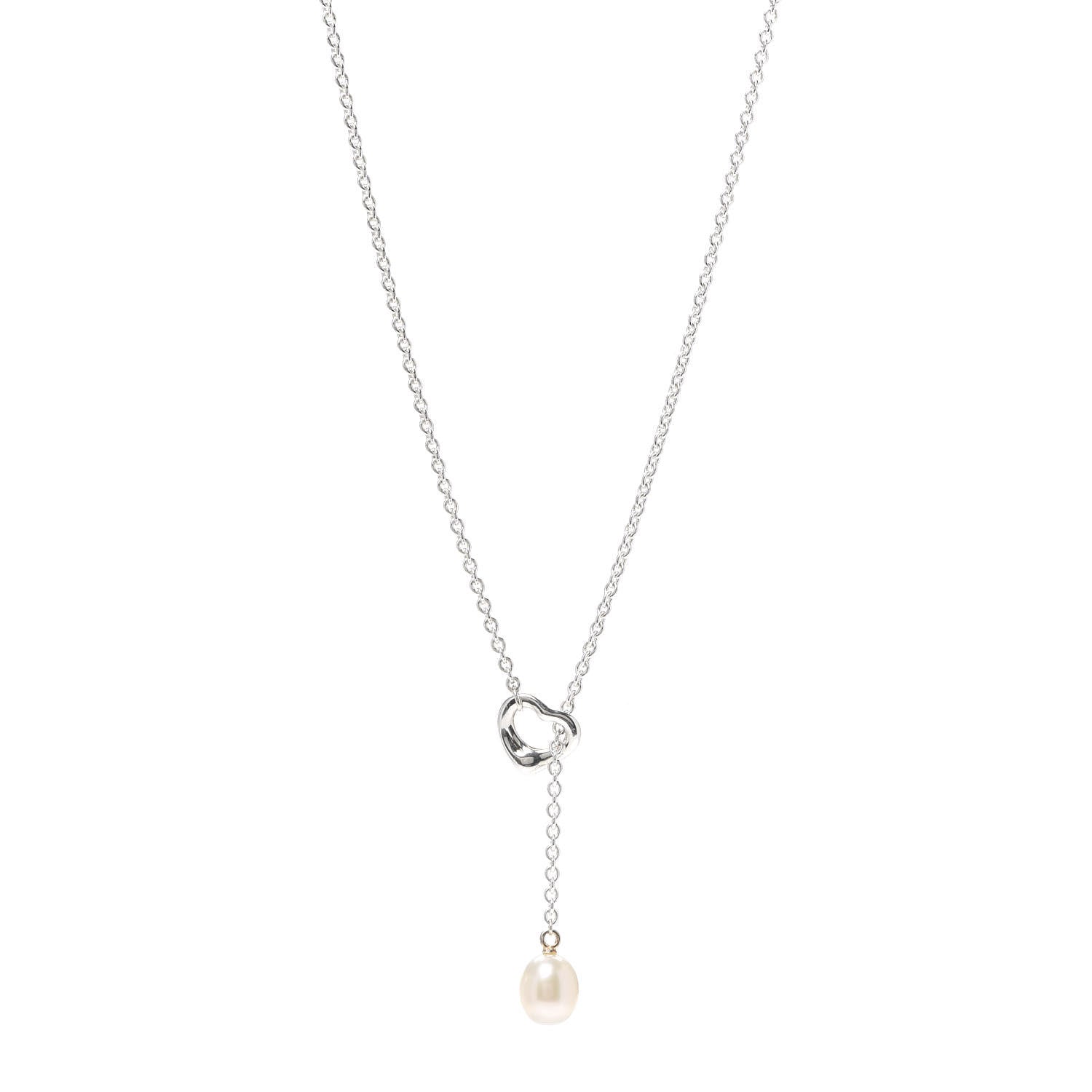 Tiffany Sterling Silver Pearl 7.5-8mm Elsa Peretti Open Heart Lariat Necklace 1 of 5