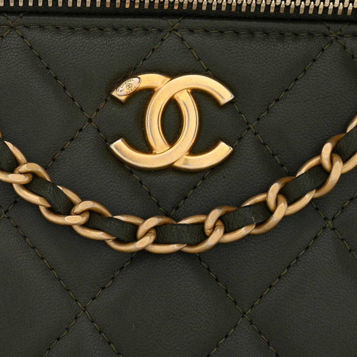Lambskin Quilted Metal Small Top Handle Vanity Case With Chain Dark Khaki