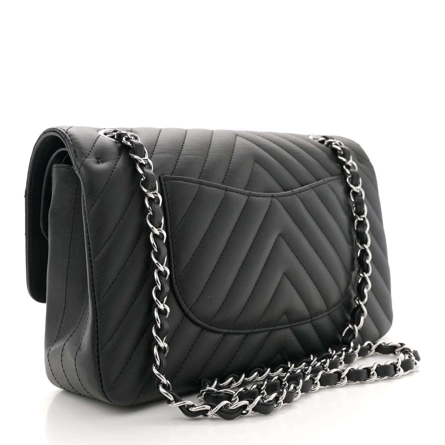 Calfskin Chevron Quilted Medium Double Flap Black