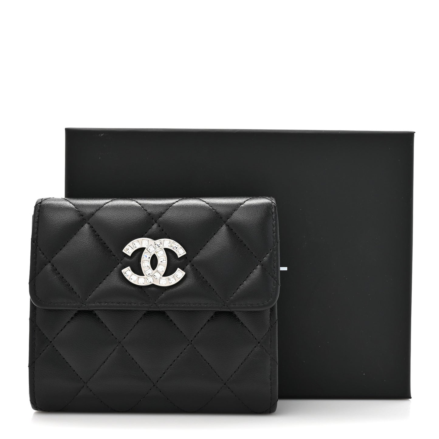 Lambskin Quilted Baguette Crystal Small Compact Wallet Black