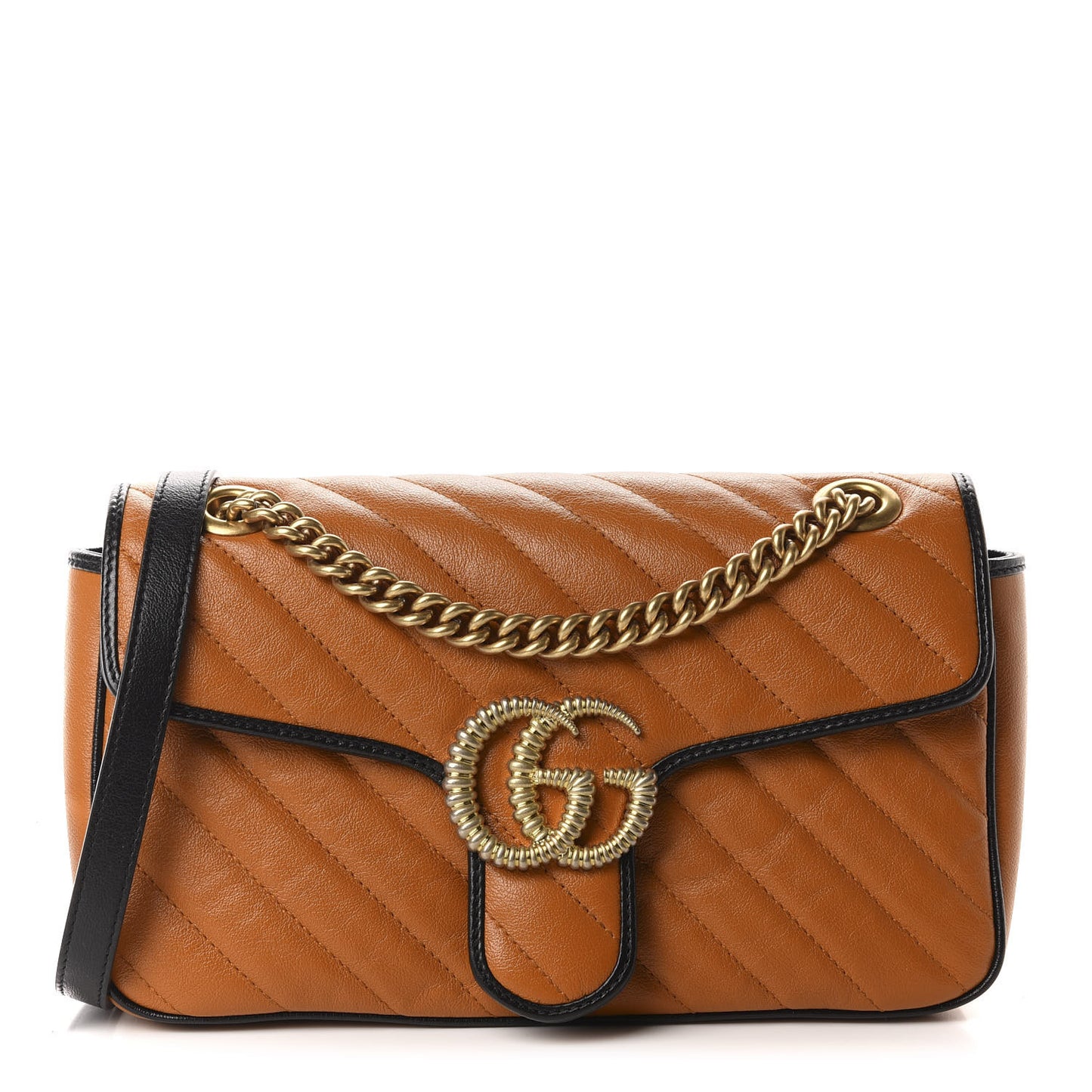 Vintage Effect Calfskin Matelasse Diagonal Small Torchon GG Marmont Shoulder Bag Cognac Black