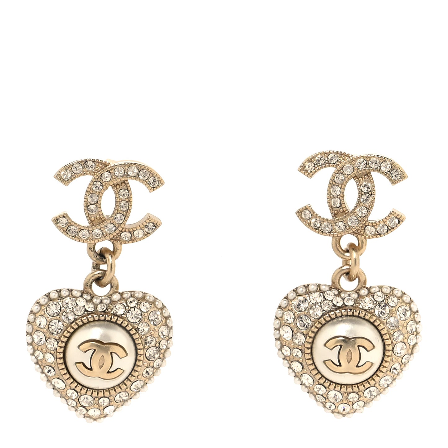 Pearl Crystal CC Heart Drop Earrings Gold White