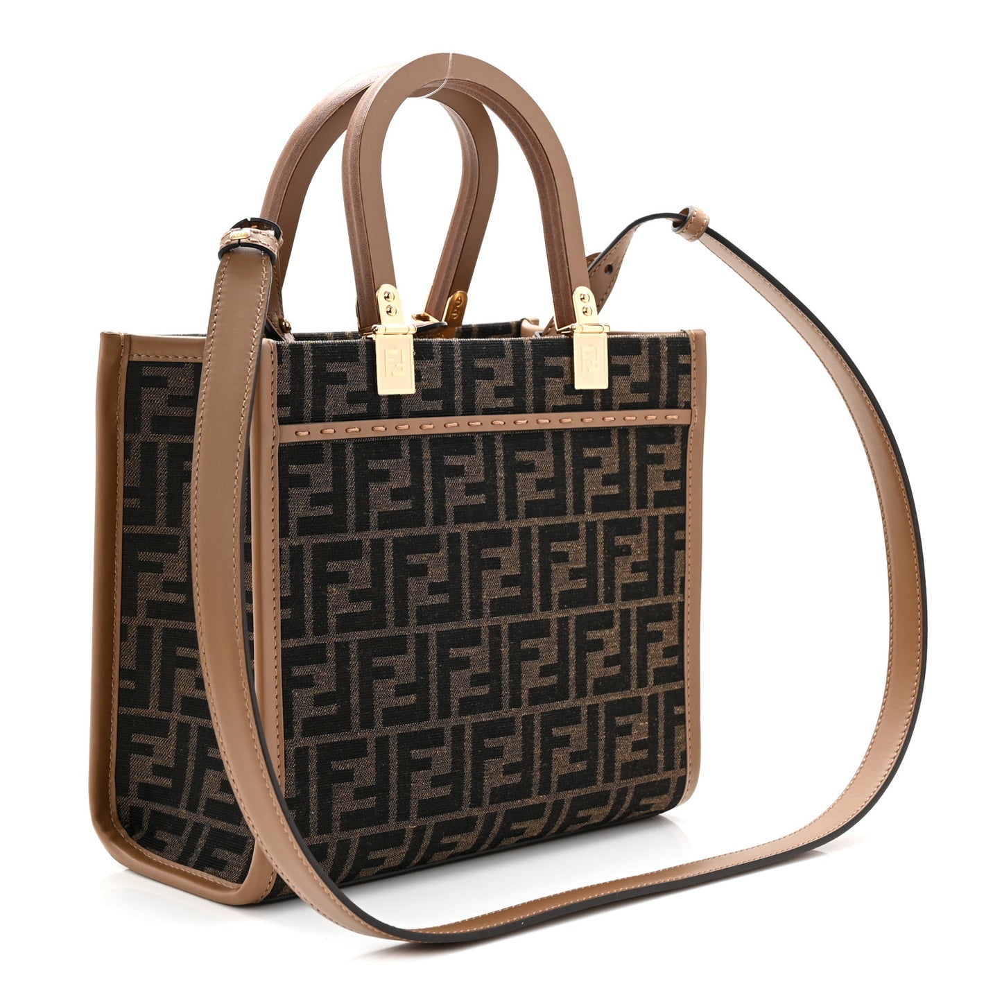 Fabric Jacquard FF 1974 Logo Small Fendi Sunshine Shopper Tote Tobacco Moro Sand
