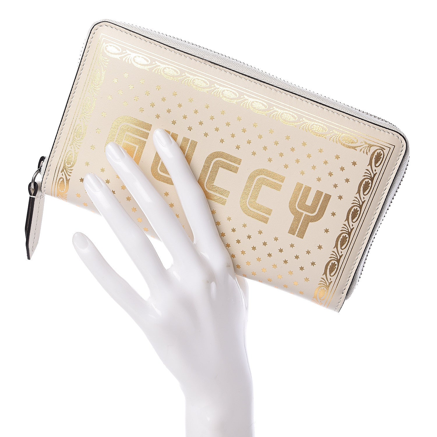 Gucci X SEGA Calfskin GUCCY Stars Zip Around Wallet Mystic White Gold 2 of 8