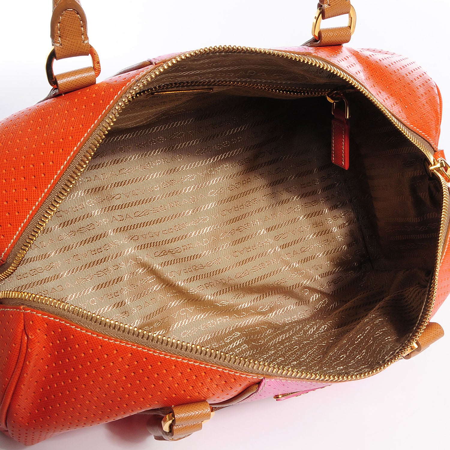 Prada Saffiano Perforated Striped Boston Papaya Caramel 5 of 10