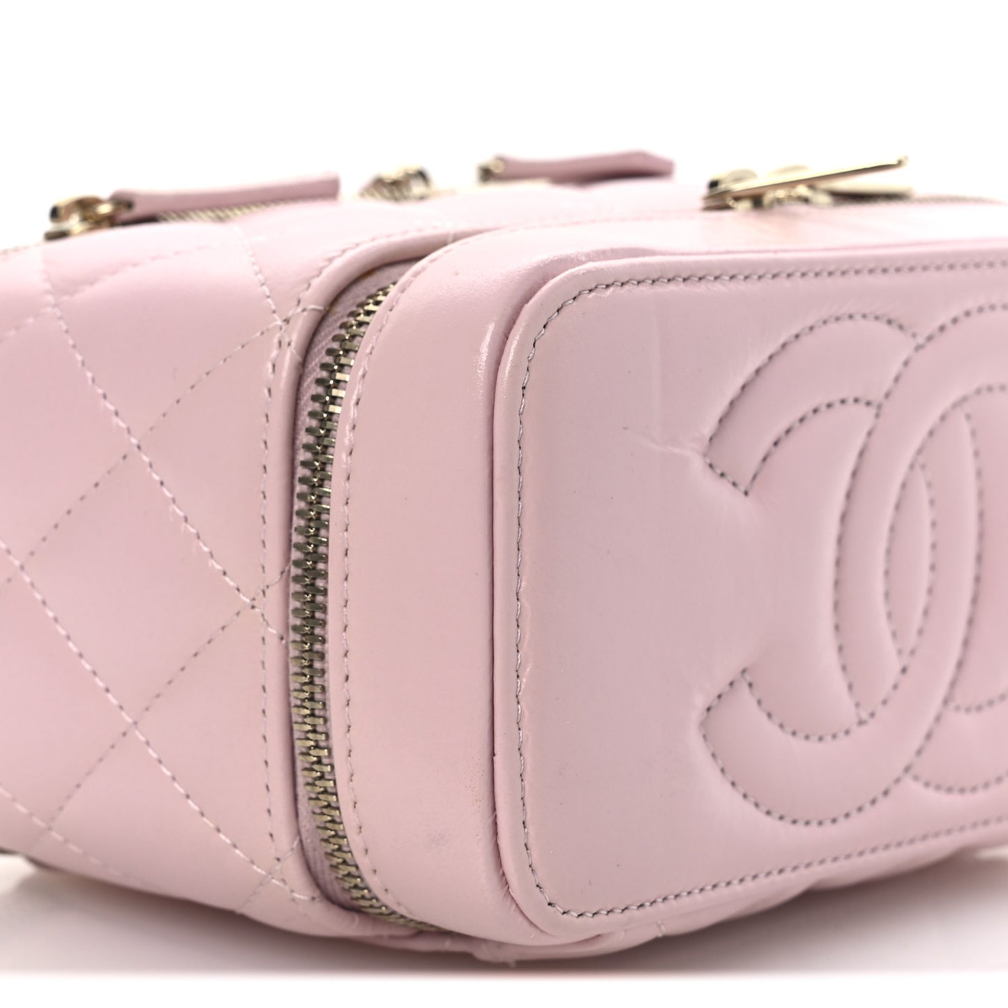 Shiny Lambskin Quilted Top Handle Vanity Case With Chain Pink