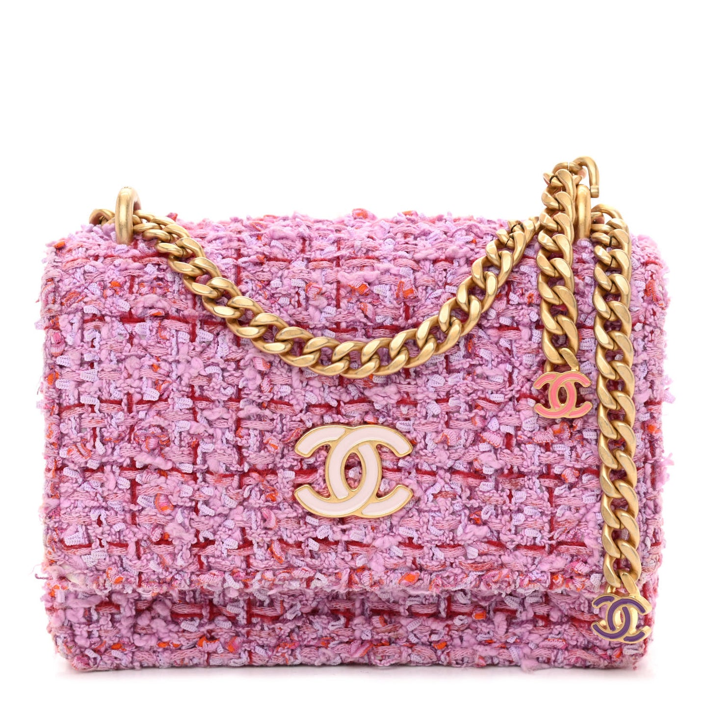 Tweed Enamel Quilted Pending CC Mini Wallet On Chain WOC Pink Purple