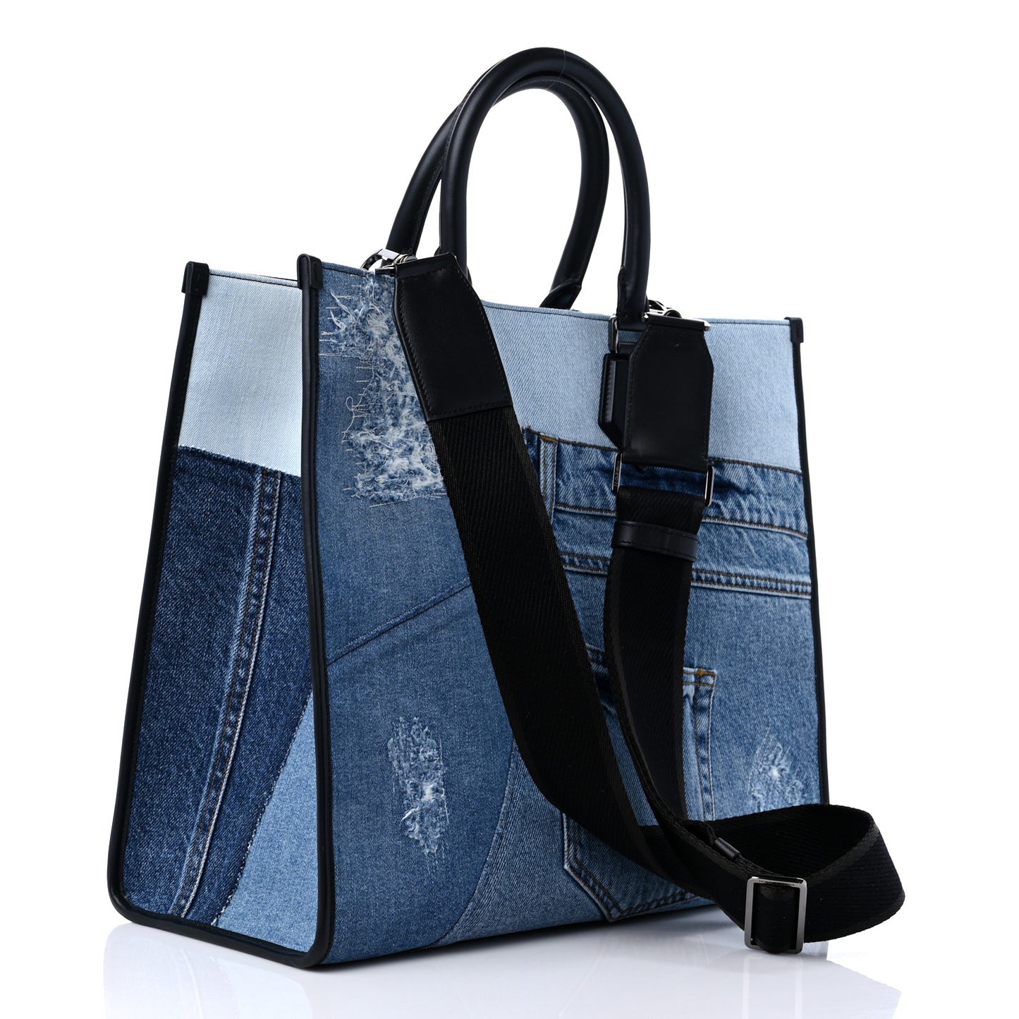 Large Denim Patchwork Shopping Tote Blue Black