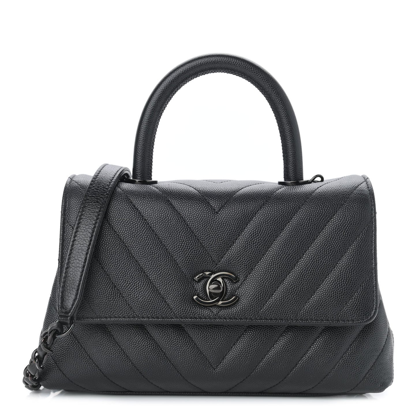 Caviar Chevron Quilted Mini Coco Handle Flap So Black