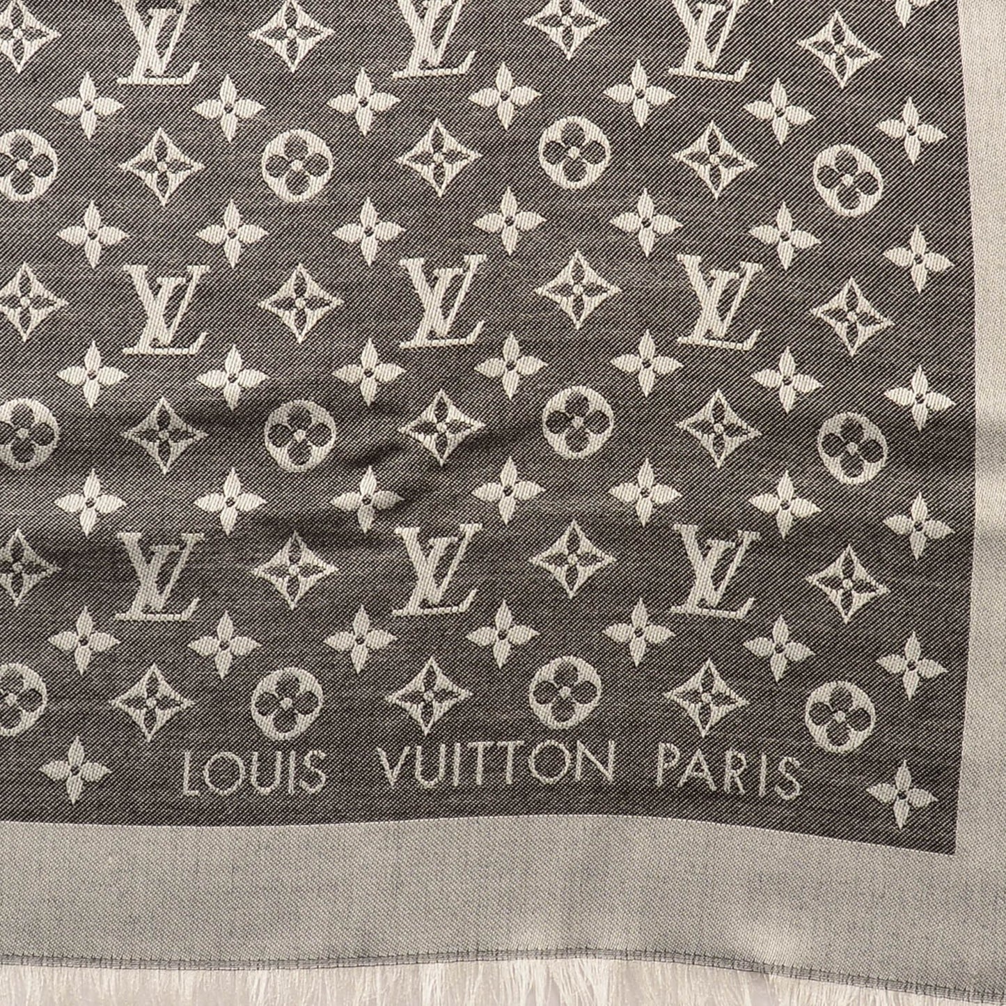 Wool Silk Monogram Denim Shawl Black