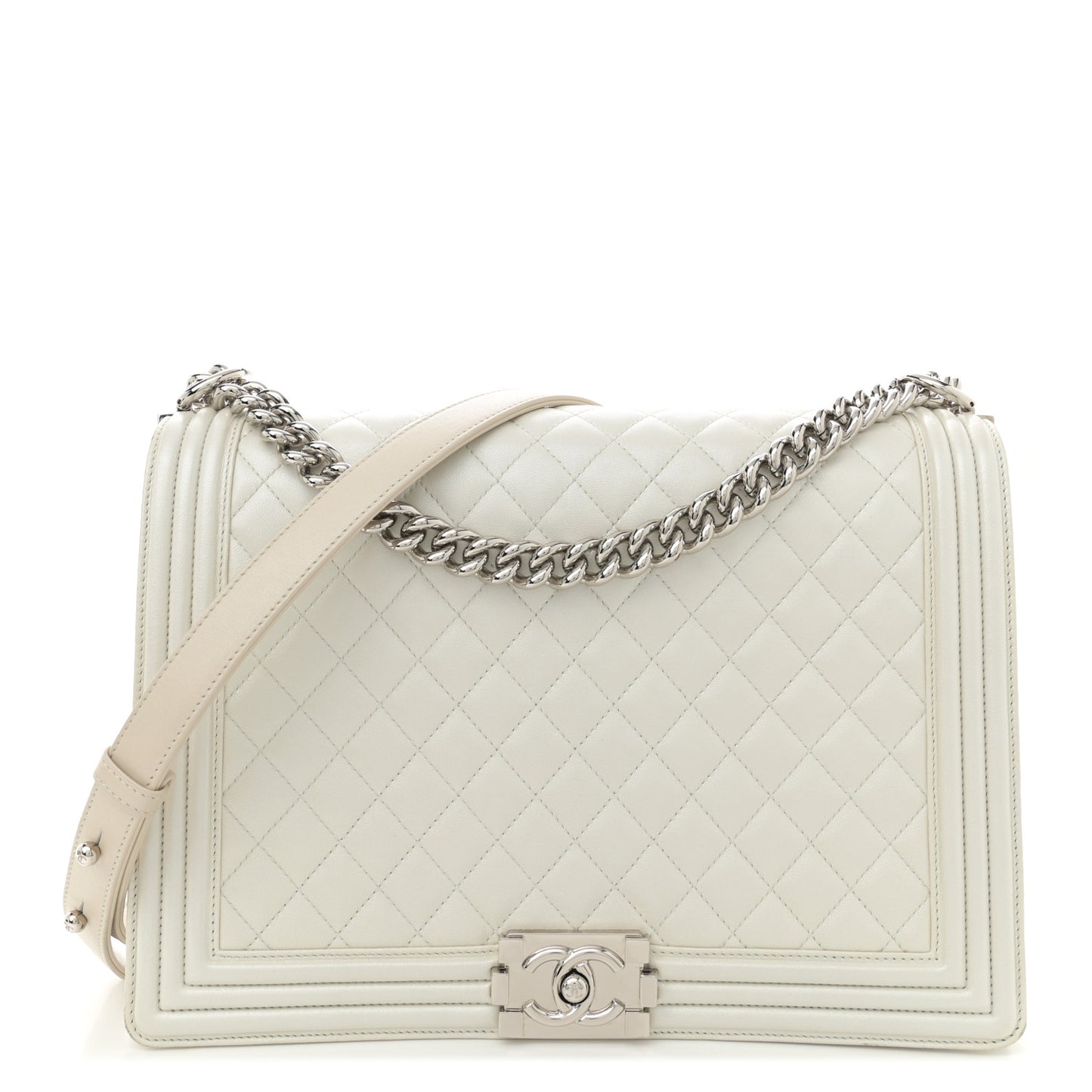 Iridescent Lambskin Quilted Large Boy Flap White