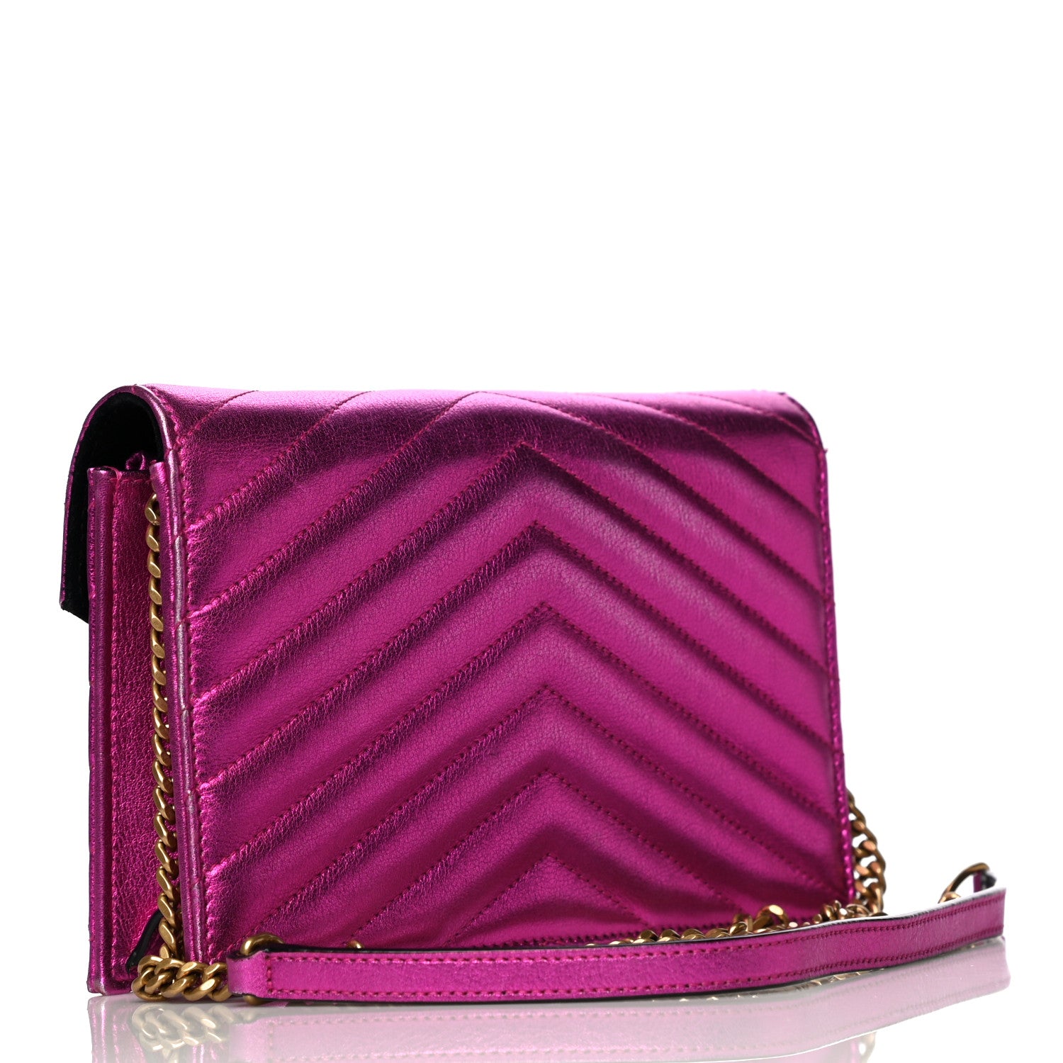 Saint Laurent Metallic Calfskin Matelasse Chevron Monogram Envelope Chain Wallet Fuchsia 3 of 15