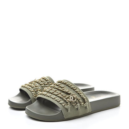 Chanel Canvas Chain Flat Sandals 37 Khaki 3 of 9