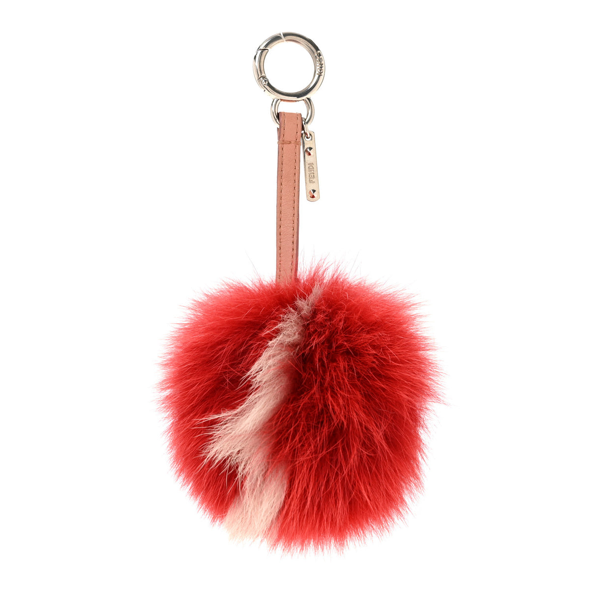 Fox Fur Nappa Bi-Color Striped Pom Pom Bag Charm Red Pink