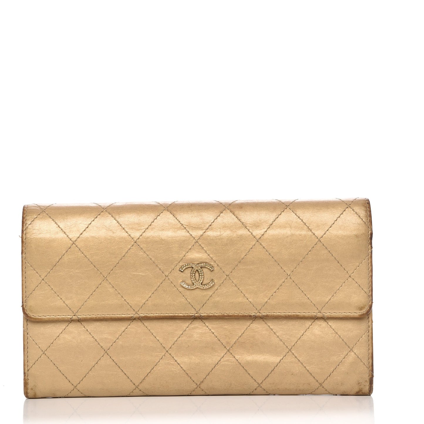 Aged Metallic Calfskin Quilted Large Palette Flap Wallet Gold