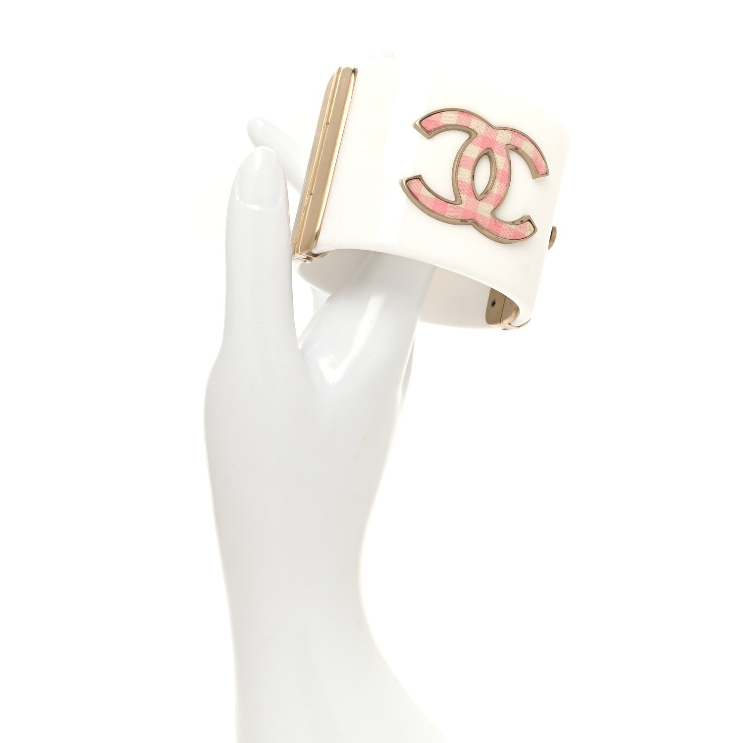 Chanel Resin Gingham CC Cuff White Pink 2 of 5