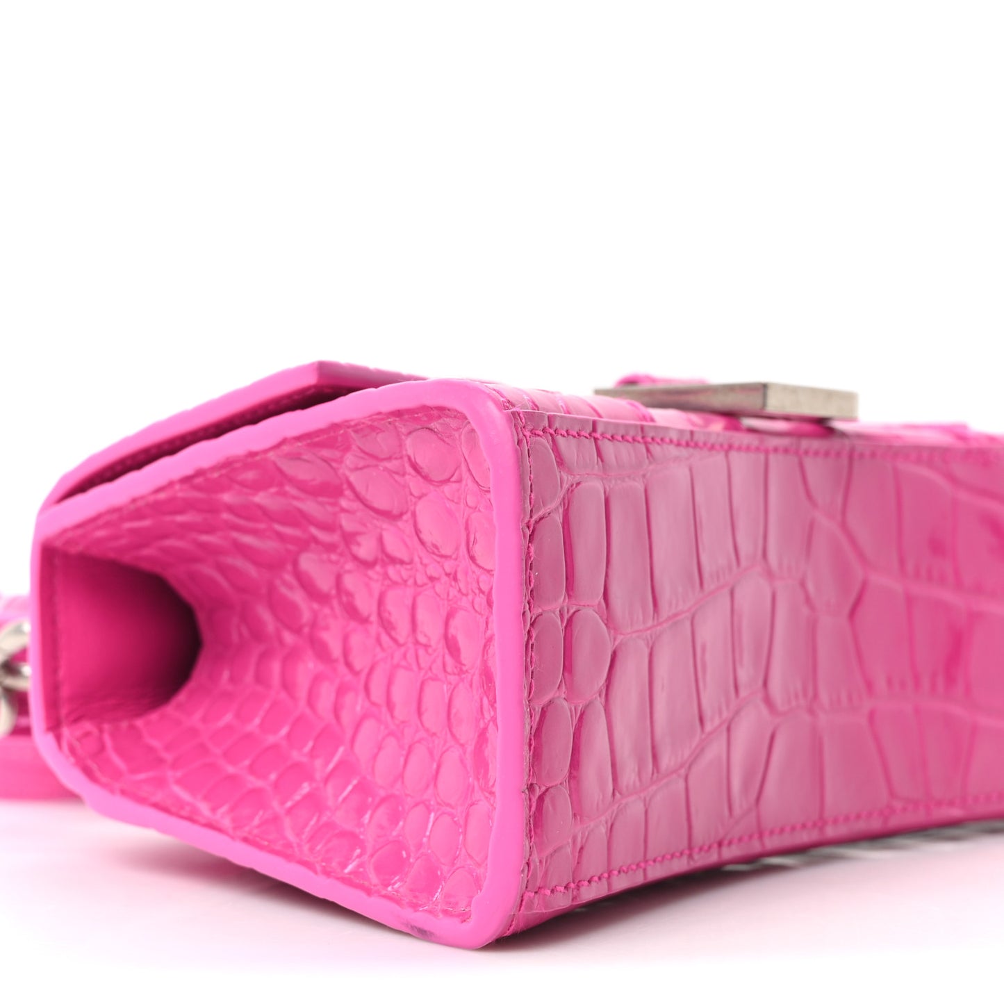 Shiny Calfskin Crocodile Embossed Hourglass Top Handle Bag XS Lipstick Pink