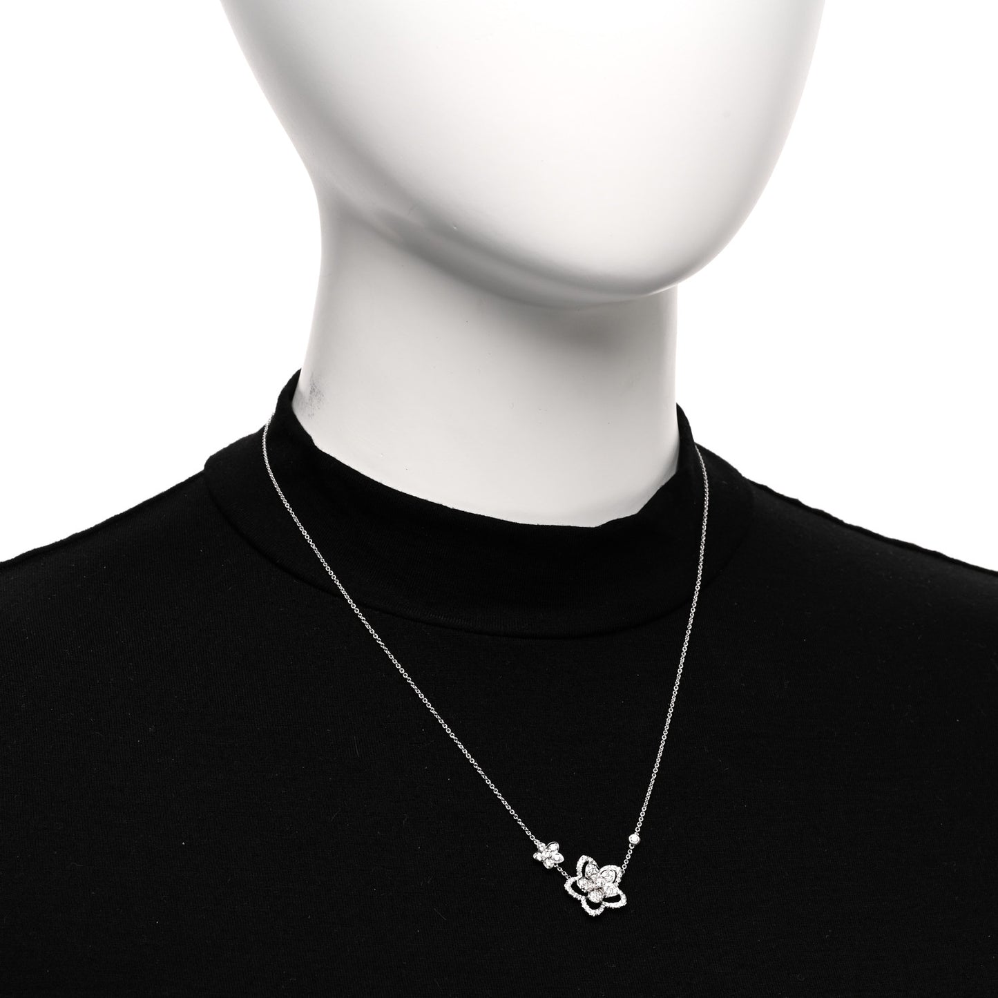 18K White Gold Diamond Double Wild Flower Pendant Necklace