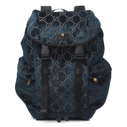 Gucci Velvet GG Monogram Web Medium Double Buckle Backpack Blue Beige Black 1 of 10