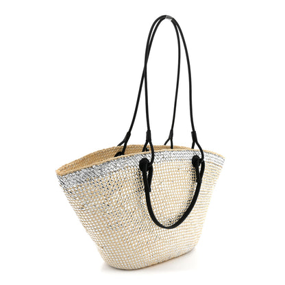 Loewe Calfskin Raffia Paulas Ibiza Sparkling Metallic Anagram Basket Tote Bag Natural Silver 3 of 11