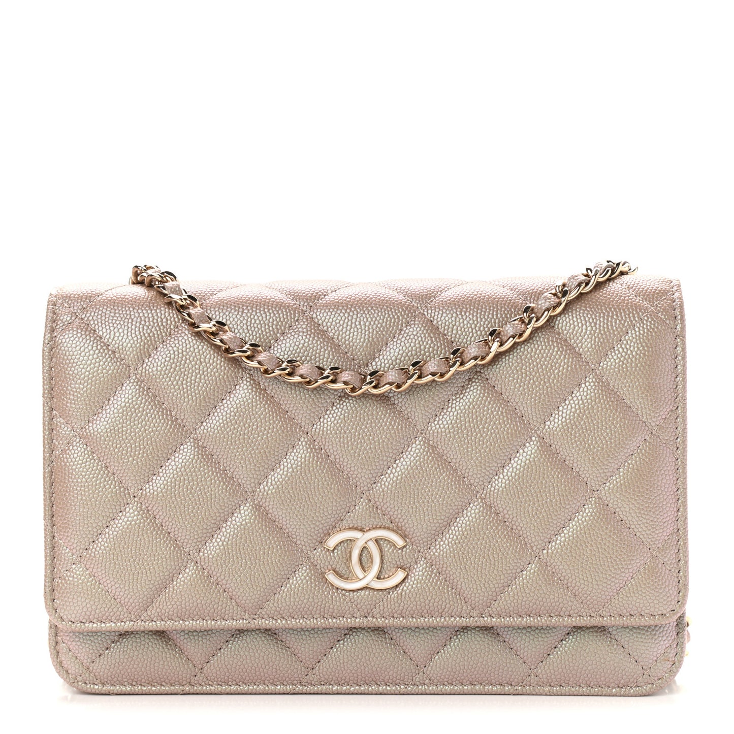 Iridescent Caviar Quilted Wallet On Chain WOC Beige