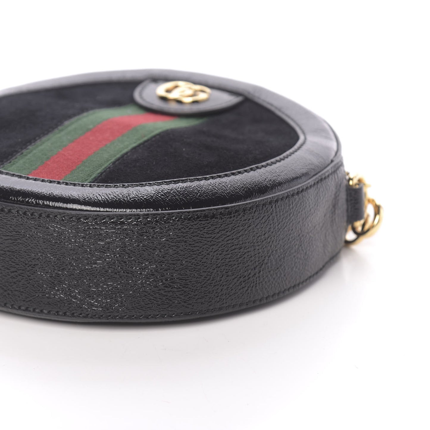 Suede Patent Web Mini Ophidia Round Shoulder Bag Black
