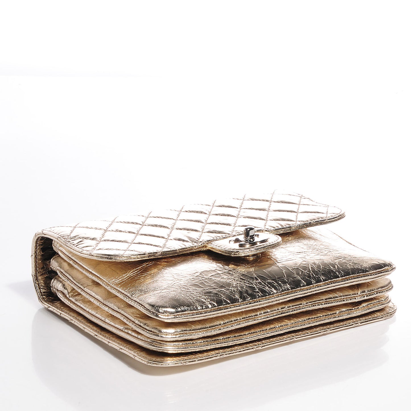 Metallic Crackled Calfskin Medium Clam's Pocket Flap Gold