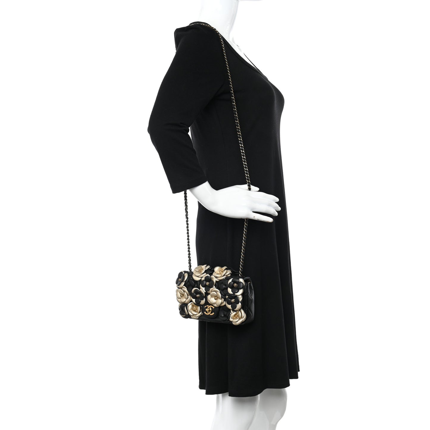 Metallic Lambskin Quilted Mini Camellia Flap Black Gold