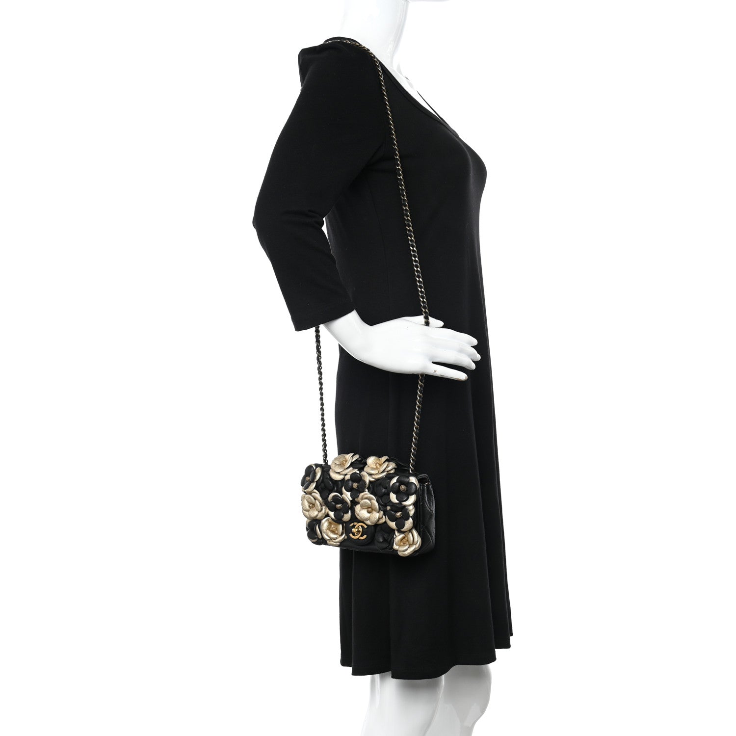 Chanel Metallic Lambskin Quilted Mini Camellia Flap Black Gold 2 of 10