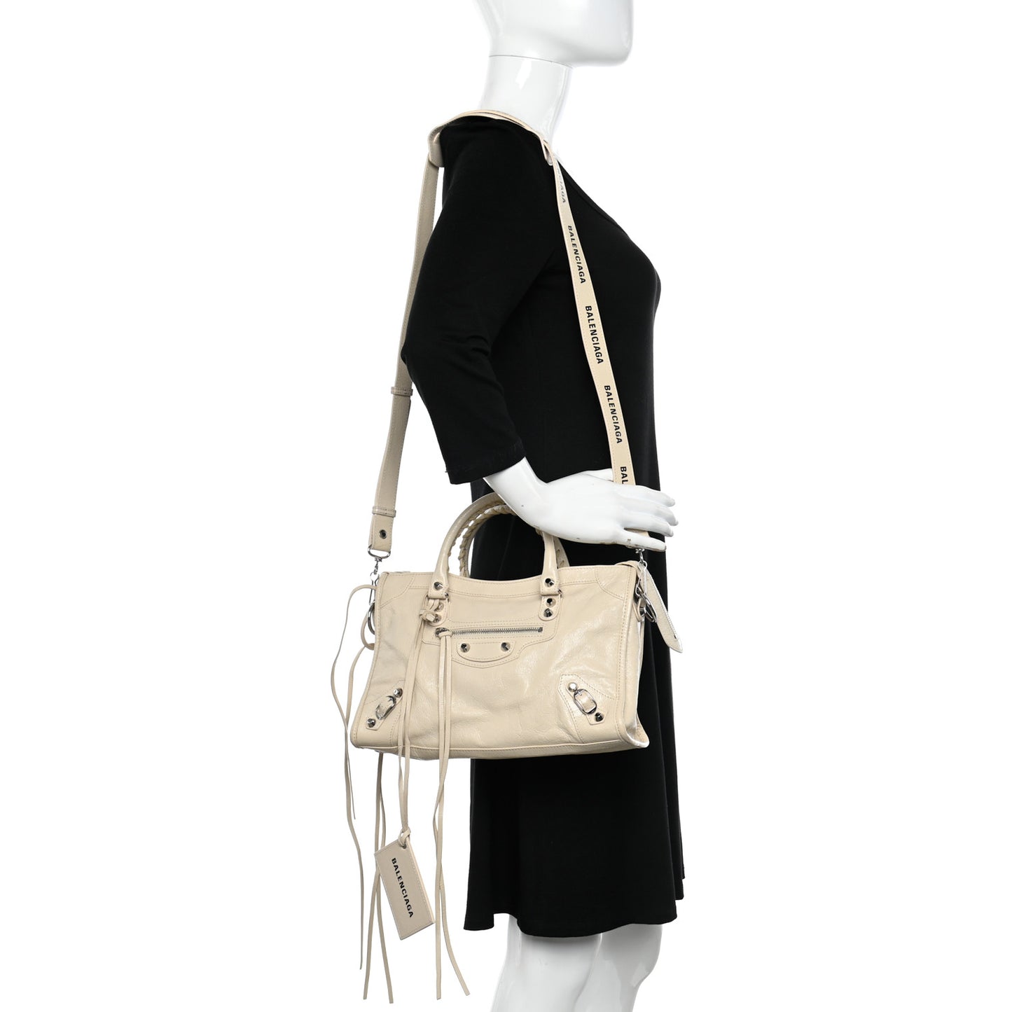 Agneau Classic Silver Hardware S City Logo Strap Light Beige Black