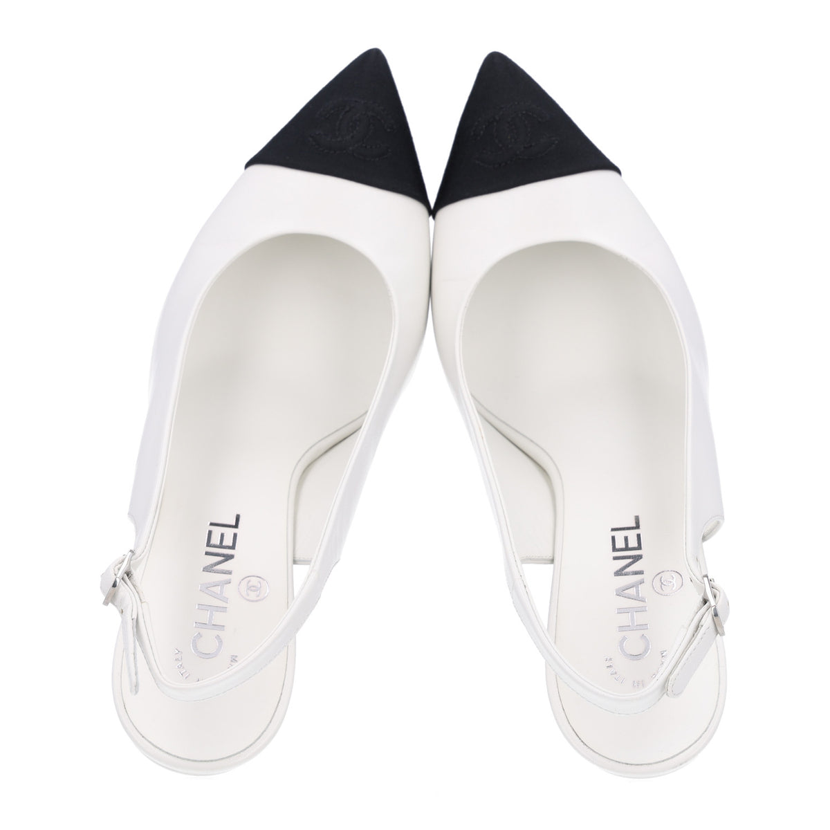 Chanel Goatskin Grosgrain Pointed Cap Toe CC Slingback Pumps 38.5 White Black 2 of 10