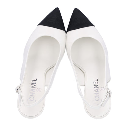 Chanel Goatskin Grosgrain Pointed Cap Toe CC Slingback Pumps 38.5 White Black 2 of 10