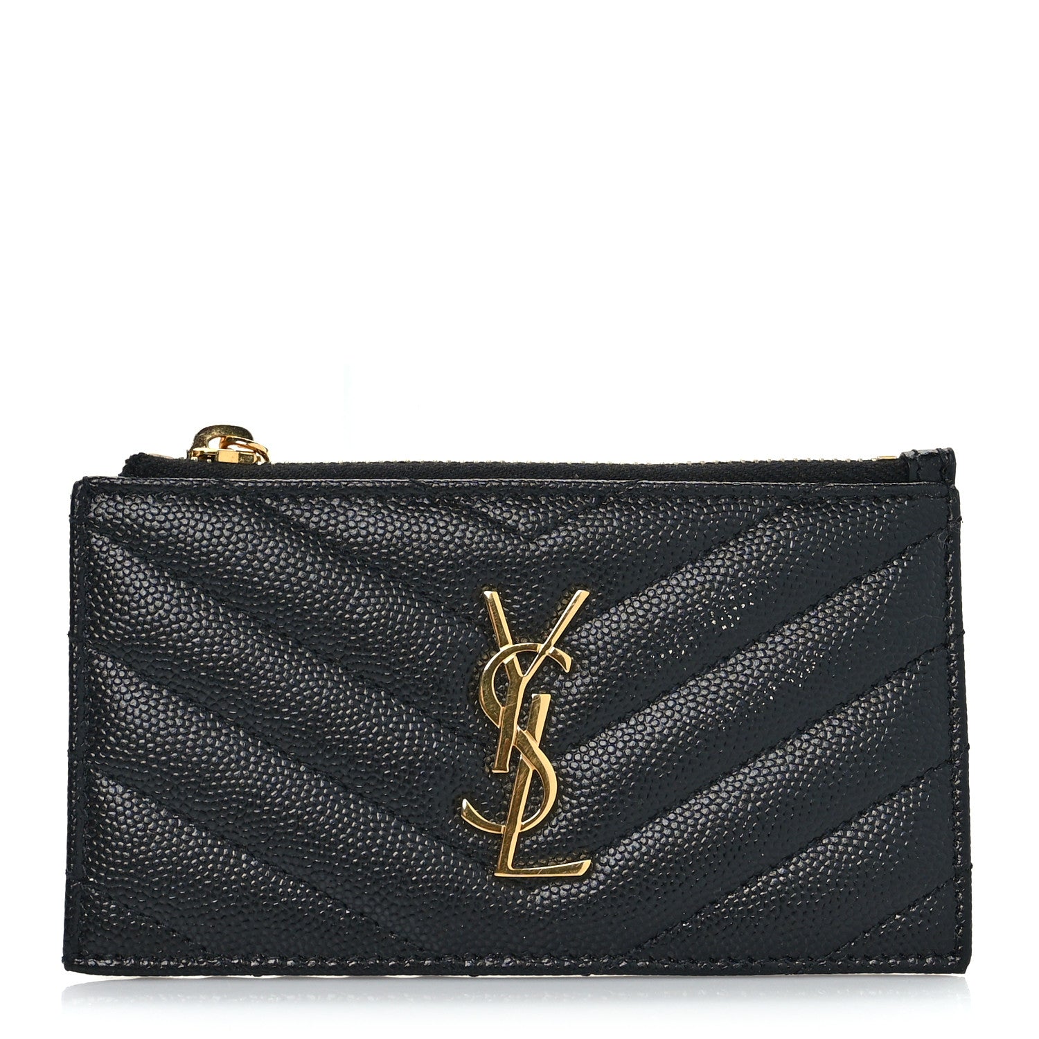Saint Laurent Grain De Poudre Matelasse Chevron Monogram Fragments Zippered Card Case Black 1 of 9