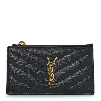 Saint Laurent Grain De Poudre Matelasse Chevron Monogram Fragments Zippered Card Case Black 1 of 9