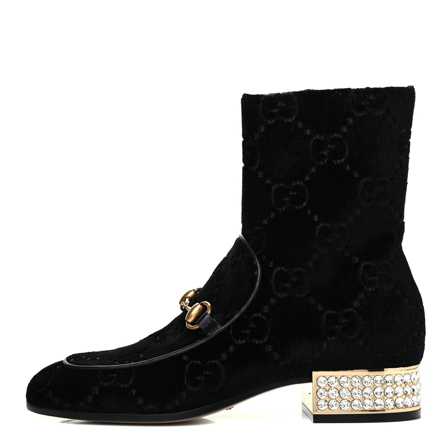 Velvet GG Monogram Crystal Horsebit Ankle Boots 36 Black
