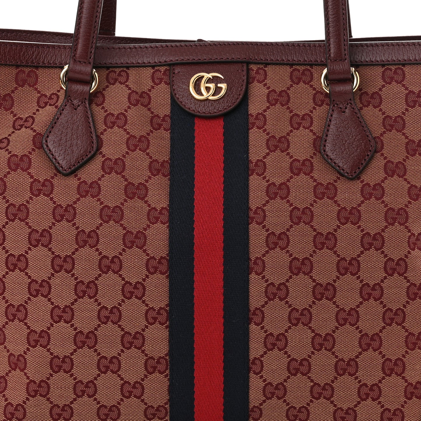 Monogram Textured Dollar Calfskin Web Medium Ophidia Shopping Tote Sahara Rubino Chardonnay