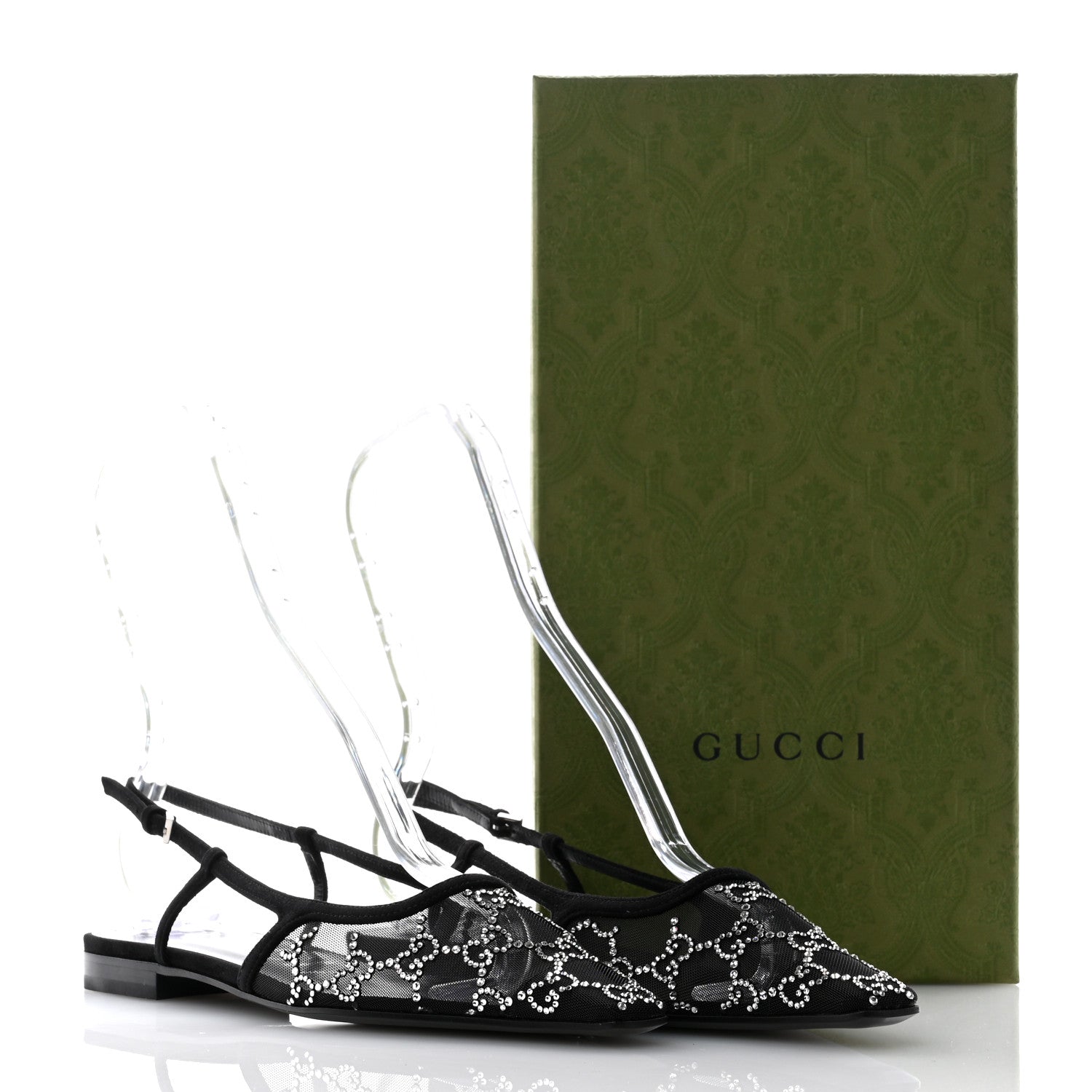 Gucci Tela Retino Kid Scamosciato Crystal GG Monogram Square Demi Ballet Flats 37 Black 8 of 8