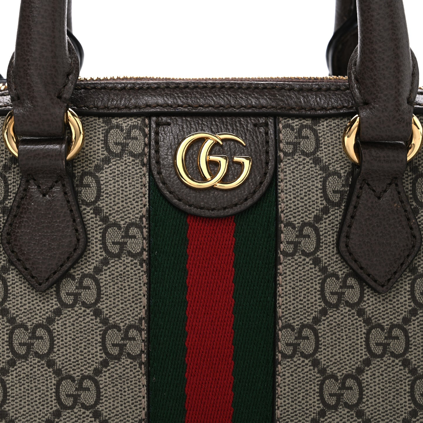 GG Supreme Monogram Textured Dollar Calfskin Web Mini Ophidia Top Handle Bag Beige Ebony New Acero