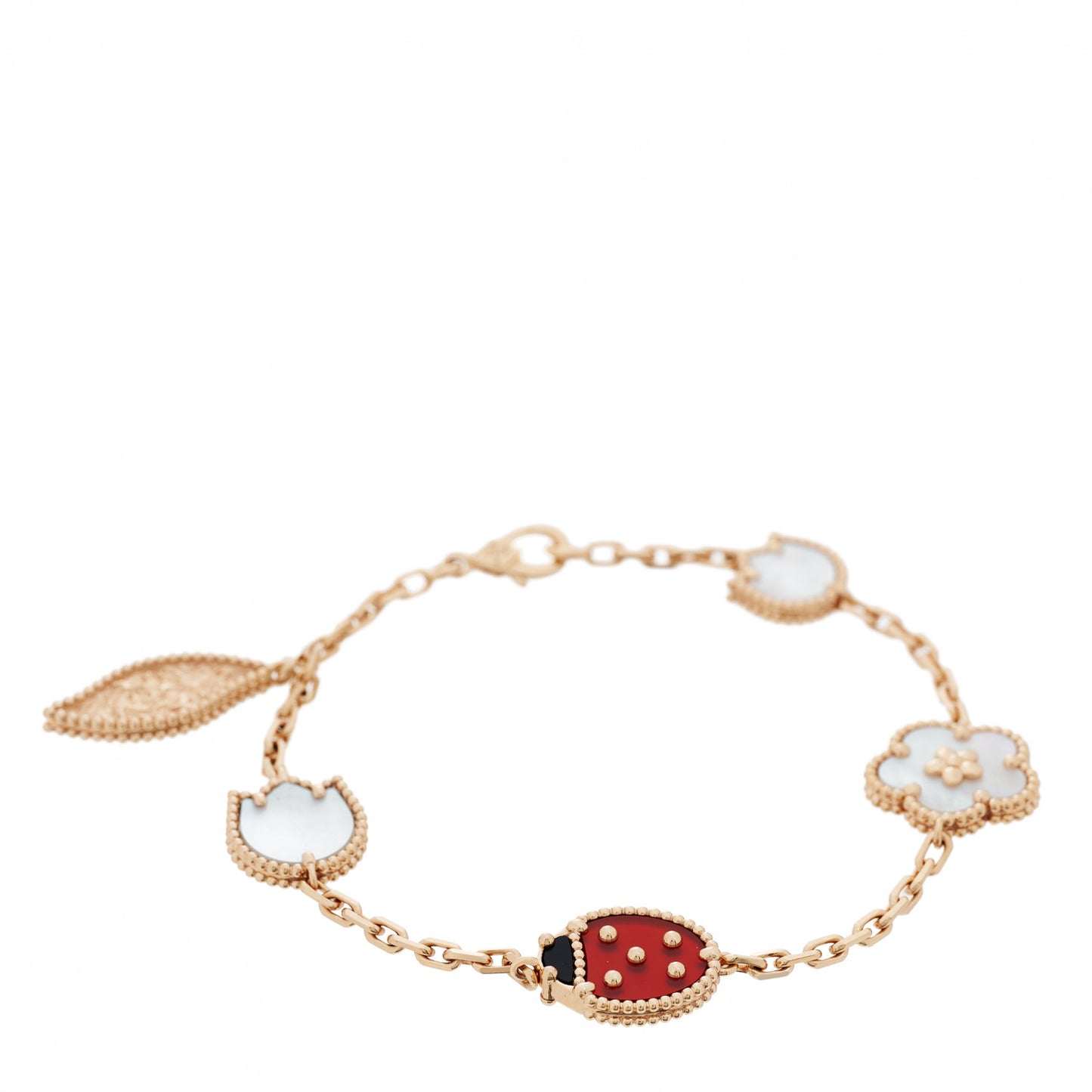 18K Rose Gold Carnelian Mother of Pearl Onyx 5 Motifs Lucky Spring Bracelet