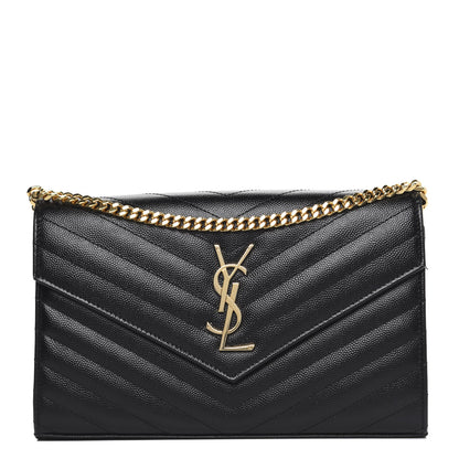 Saint Laurent Grain De Poudre Matelasse Chevron Monogram Chain Wallet Black 1 of 9